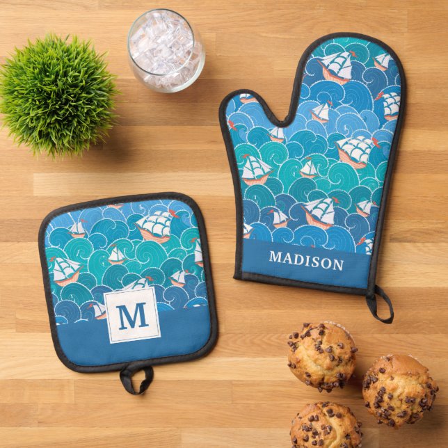 Rocky Sea Pattern Ofenhandschuh & Topflappen-Set (Oben Unten)