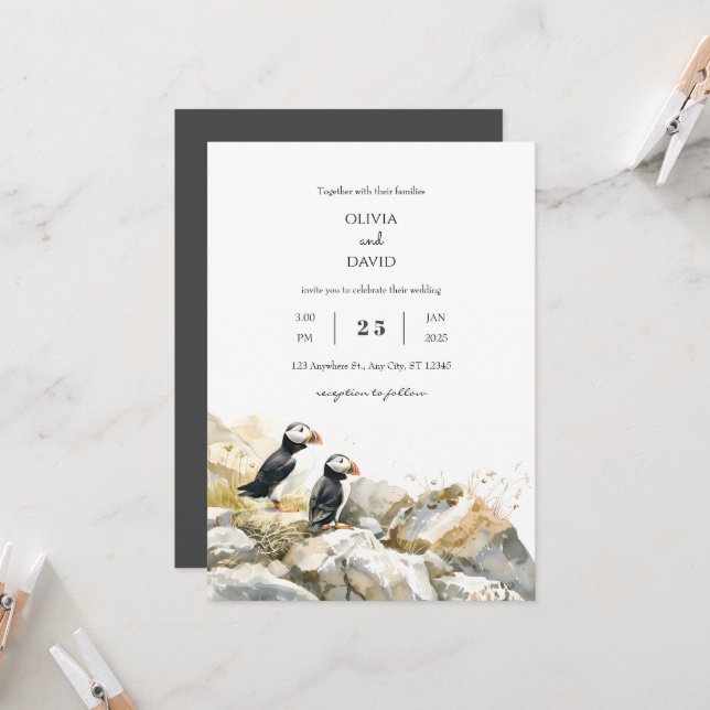 Rocky Shoreline mit Puffins Couple Beach Wedding Einladung (Vorderseite/Rückseite Beispiel)