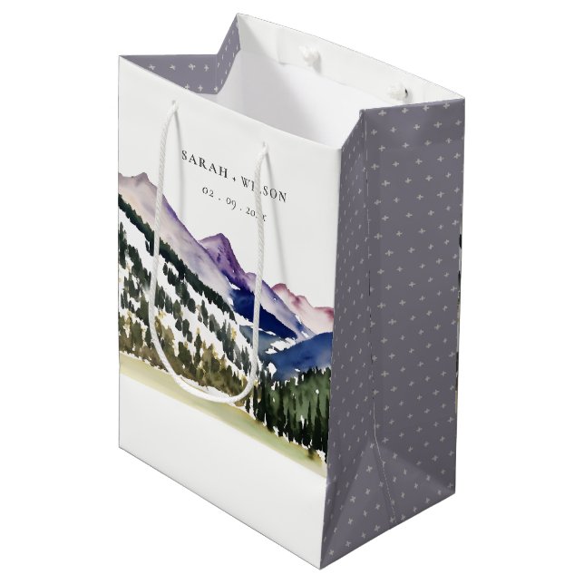 Rocky Snow Mountain Wasserfarbenwelt Hochzeit Mittlere Geschenktüte (Vorderseite Schrägansicht)