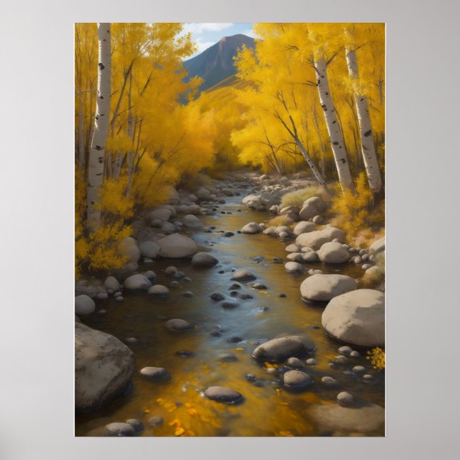 Rocky Stream mit goldenen Aspen Bäumen, Malerei Poster (Vorne)