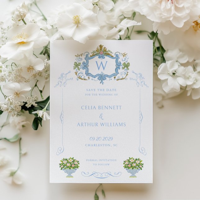 Rococo Blaue Monogramm-Wappen-Hochzeit Save The Date (Von Creator hochgeladen)