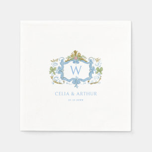 Rococo Blaue Monogramm-Wappen-Hochzeit Serviette