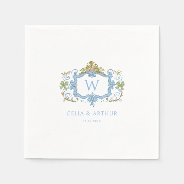 Rococo Blaue Monogramm-Wappen-Hochzeit  Serviette (Vorderseite)