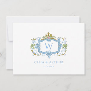 Rococo Blaues Monogrammwappen Hochzeit Dankeskarte