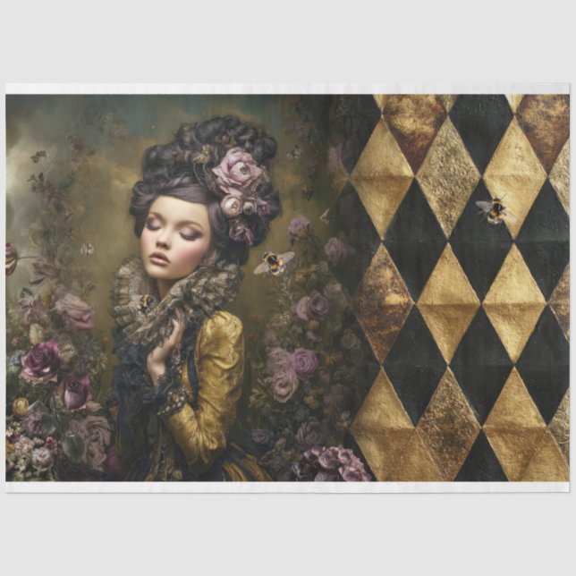Rococo Buzz Victorian Woman Checkers Floral & Bee Seidenpapier (Vorderseite)