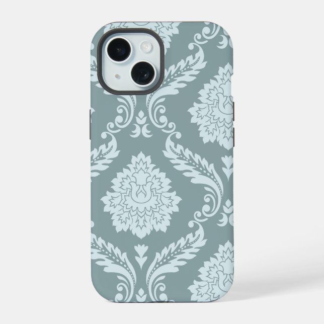 Rococo Damask Art I Duck Egg Blue+Teal iPhone 15 Hülle (Rückseite)