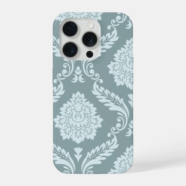 Rococo Damask Art I Duck Egg Blue+Teal iPhone 15 Pro Hülle (Rückseite)