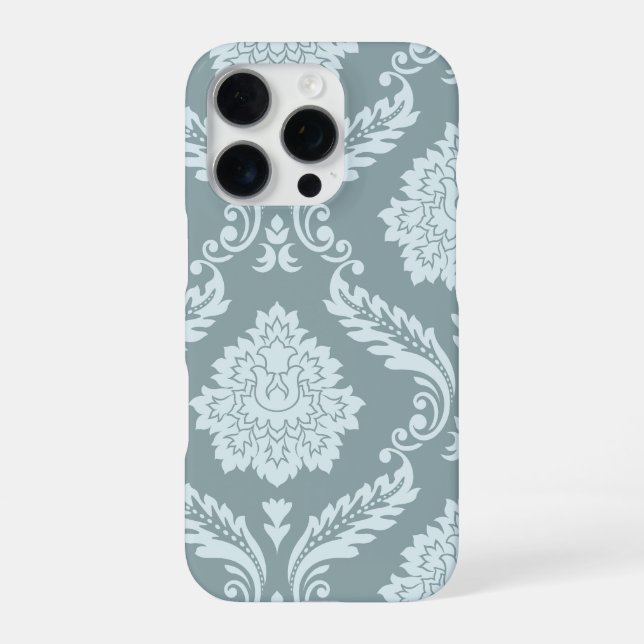 Rococo Damask Art I Duck Egg Blue+Teal iPhone 16 Pro Hülle (Rückseite)