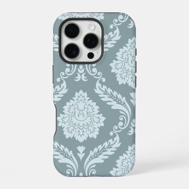 Rococo Damask Art I Duck Egg Blue+Teal iPhone 16 Pro Hülle (Rückseite)