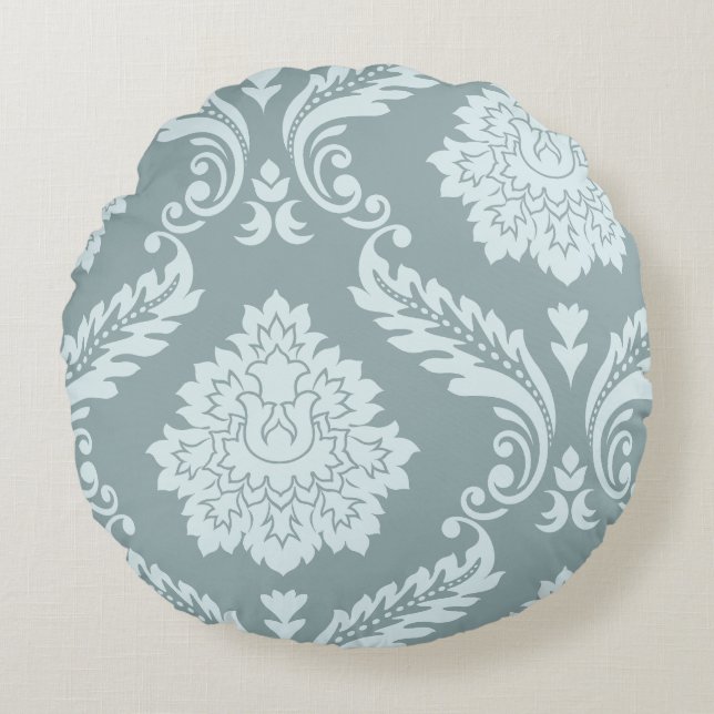 Rococo Damask Art I Duck Egg Blue+Teal Rundes Kissen (Vorderseite)