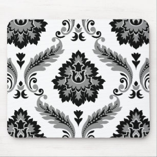 Rococo-Damask großes Muster Grau Schwarz Weiß Mousepad