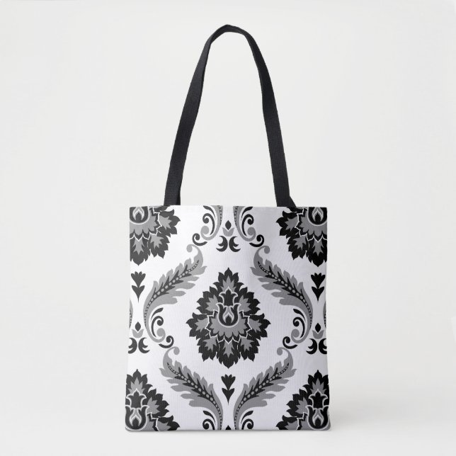 Rococo-Damask großes Muster Grau Schwarz Weiß Tasche (Vorderseite)