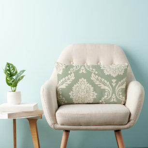 Rococo-Damask-Kunst I Creme auf Grün Lendenkissen