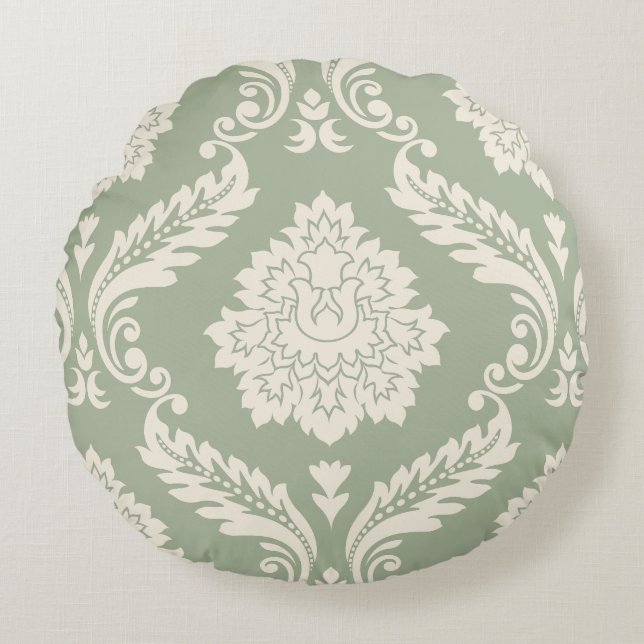 Rococo Damask Lg Pattern Cream on Green Rundes Kissen (Vorderseite)