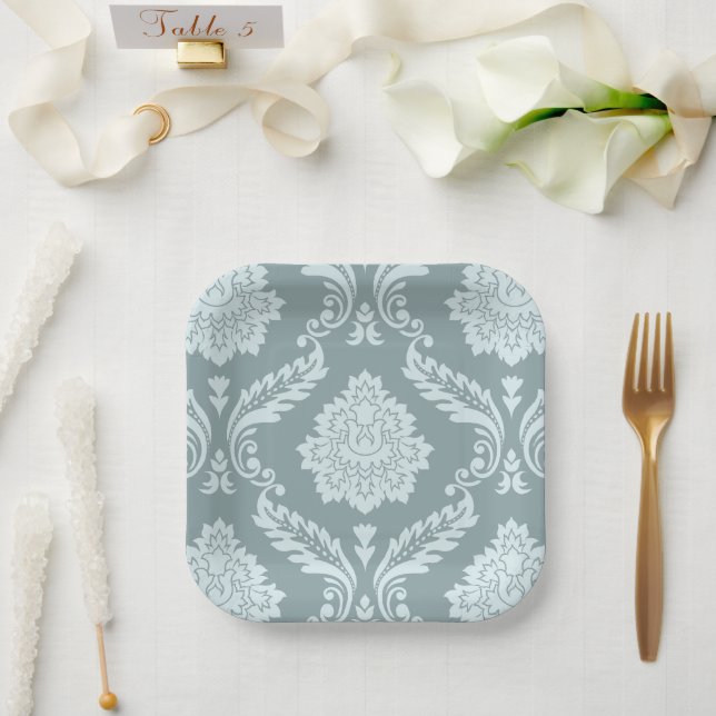 Rococo Damask Lg Pattern Duck Egg Blue+Teal Pappteller (Hochzeit)