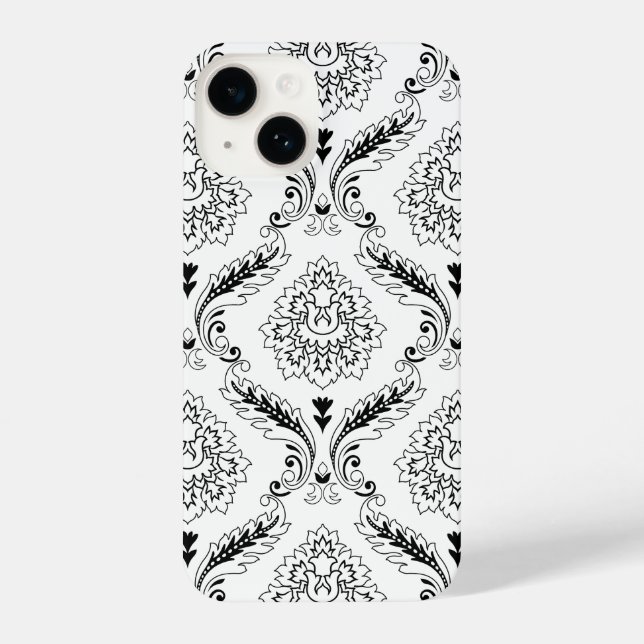 Rococo Damask Line Pattern Black on White iPhone 14 Hülle (Rückseite)