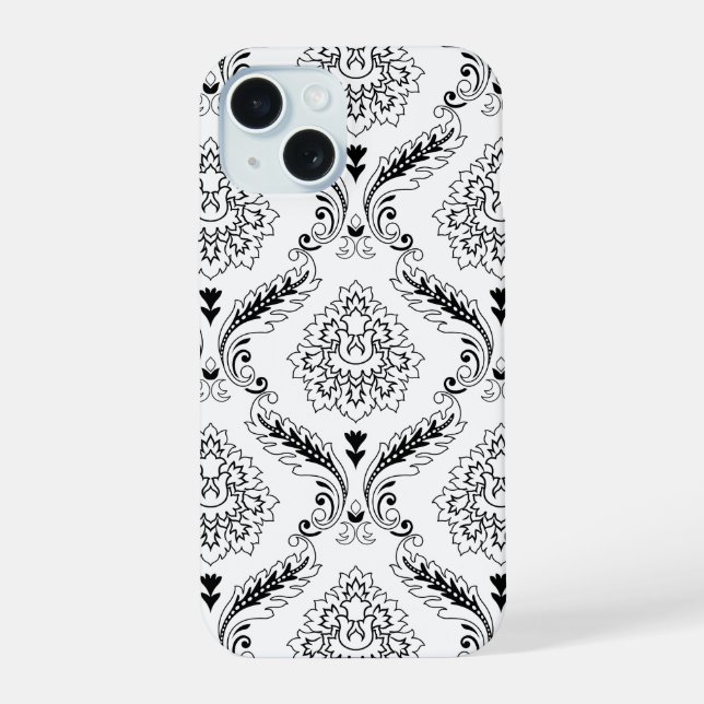 Rococo Damask Line Pattern Black on White iPhone 15 Hülle (Rückseite)