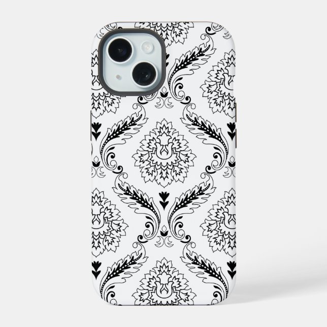 Rococo Damask Line Pattern Black on White iPhone 15 Hülle (Rückseite)