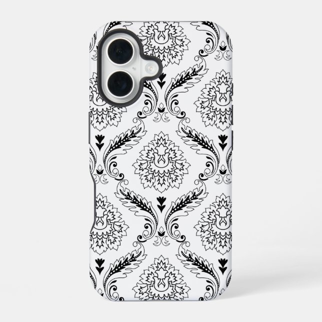 Rococo Damask Line Pattern Black on White iPhone 16 Hülle (Rückseite)