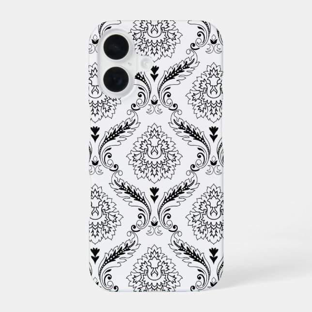 Rococo Damask Line Pattern Black on White iPhone 16 Hülle (Rückseite)