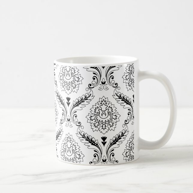 Rococo Damask Line Pattern Black on White Kaffeetasse (Rechts)