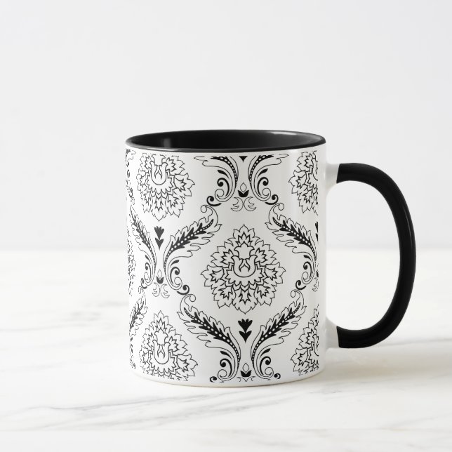 Rococo Damask Line Pattern Black on White Tasse (Rechts)