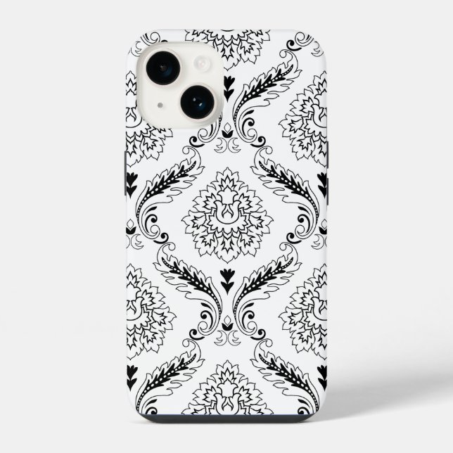 Rococo-Damask-Linienmuster Schwarz auf Weiß iPhone 14 Hülle (Rückseite)
