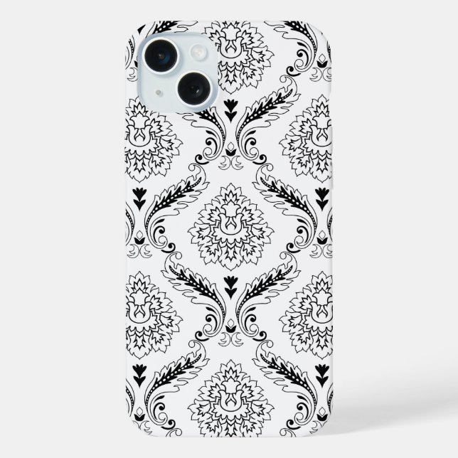 Rococo-Damask-Linienmuster Schwarz auf Weiß iPhone 15 Plus Hülle (Rückseite)