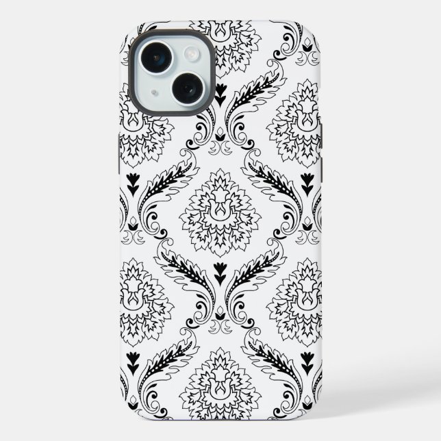Rococo-Damask-Linienmuster Schwarz auf Weiß iPhone 15 Plus Hülle (Rückseite)