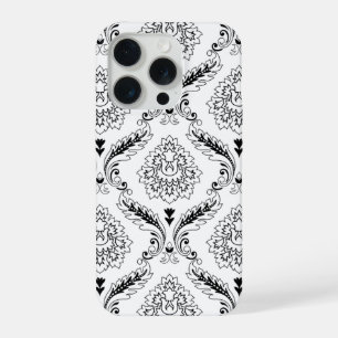 Rococo-Damask-Linienmuster Schwarz auf Weiß iPhone 15 Pro Hülle