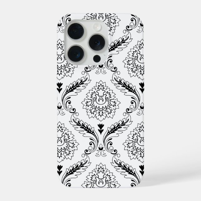Rococo-Damask-Linienmuster Schwarz auf Weiß iPhone 15 Pro Hülle (Rückseite)