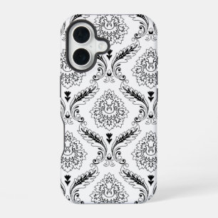 Rococo-Damask-Linienmuster Schwarz auf Weiß iPhone 16 Hülle