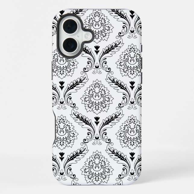 Rococo-Damask-Linienmuster Schwarz auf Weiß iPhone 16 Plus Hülle (Rückseite)