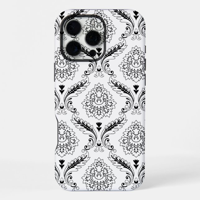 Rococo-Damask-Linienmuster Schwarz auf Weiß iPhone 16 Pro Max Hülle (Rückseite)