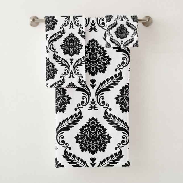 Rococo Damask Mixed Pattern Black on White Badhandtuch Set (Insitu)