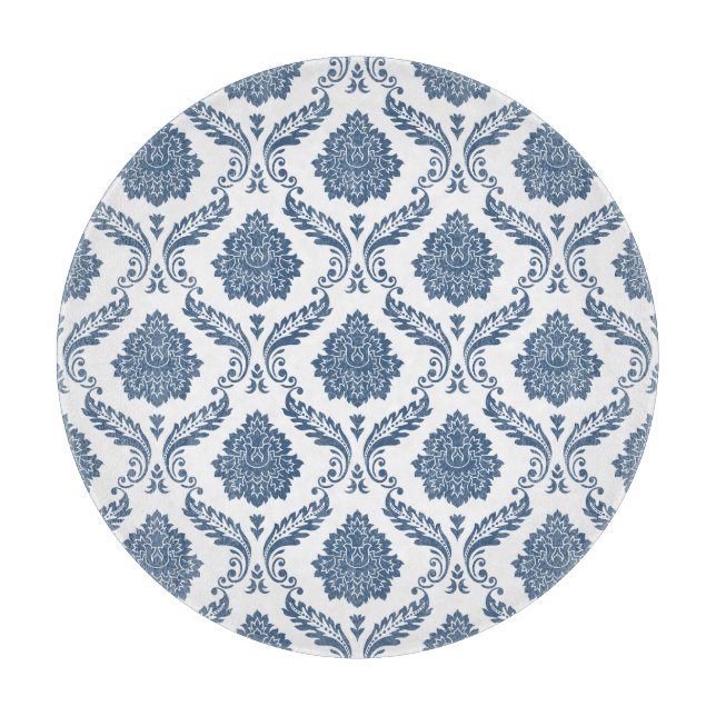 Rococo-Damask-Muster Blau auf Weiß Schneidebrett (Vorderseite)