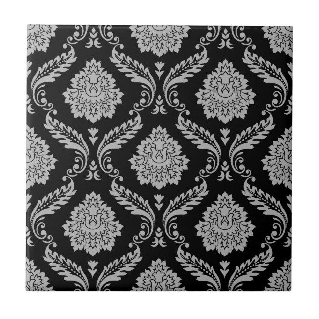 Rococo-Damask-Muster Grau auf Schwarz Fliese (Vorderseite)