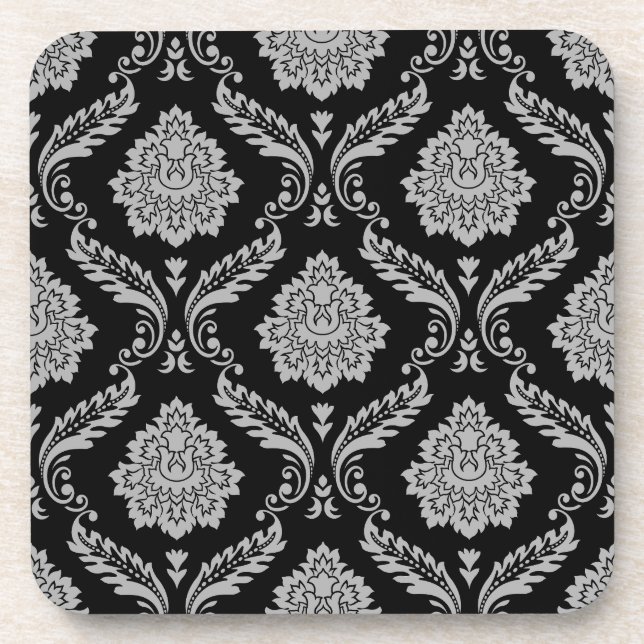 Rococo-Damask-Muster Grau auf Schwarz Getränkeuntersetzer (Vorderseite)