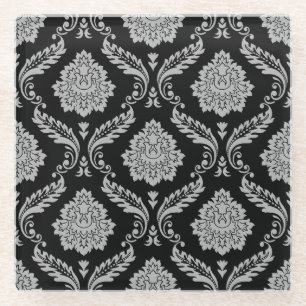 Rococo-Damask-Muster Grau auf Schwarz Glasuntersetzer