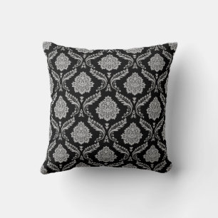 Rococo-Damask-Muster Grau auf Schwarz Kissen