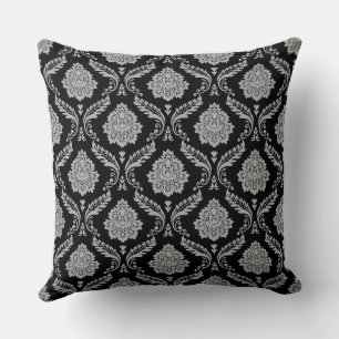 Rococo-Damask-Muster Grau auf Schwarz Kissen