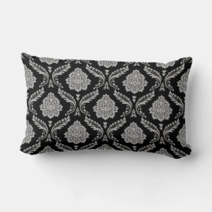 Rococo-Damask-Muster Grau auf Schwarz Lendenkissen