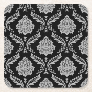 Rococo-Damask-Muster Grau auf Schwarz Rechteckiger Pappuntersetzer
