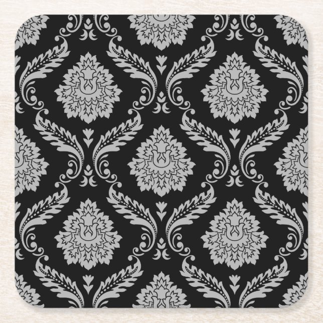 Rococo-Damask-Muster Grau auf Schwarz Rechteckiger Pappuntersetzer (Vorderseite)
