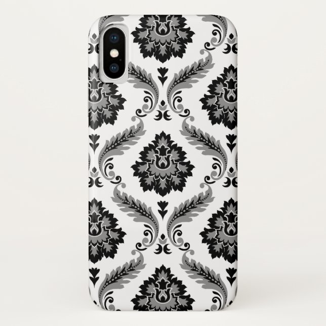 Rococo-Damask-Muster Grau Schwarz Weiß Case-Mate iPhone Hülle (Rückseite)