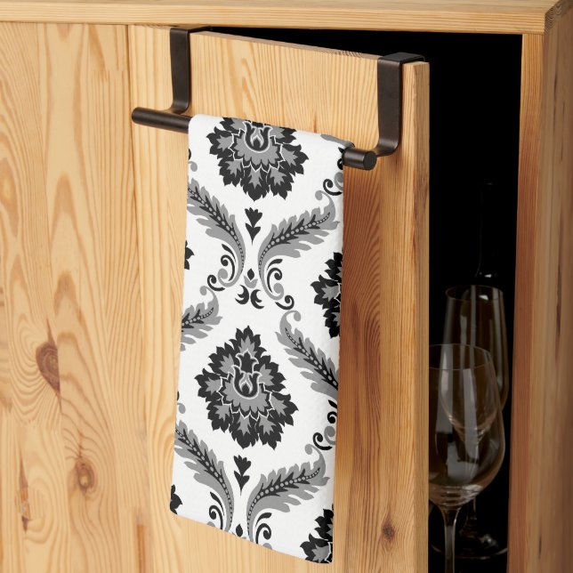 Rococo-Damask-Muster Grau Schwarz Weiß Geschirrtuch (Drittel gefaltet)