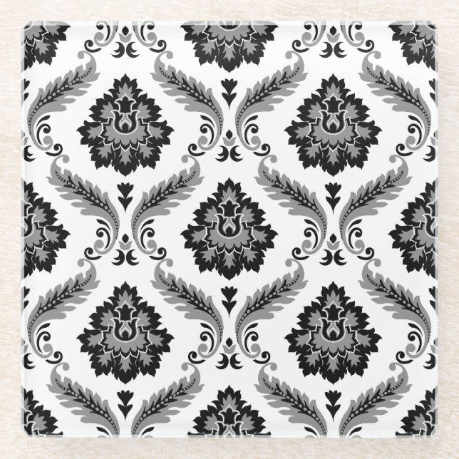 Rococo-Damask-Muster Grau Schwarz Weiß Glasuntersetzer (Vorderseite)