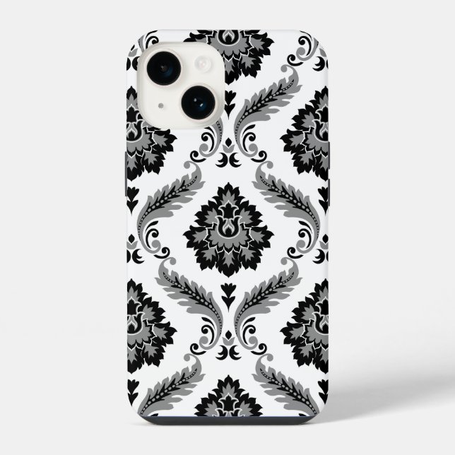 Rococo-Damask-Muster Grau Schwarz Weiß iPhone 14 Hülle (Rückseite)