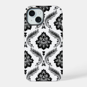 Rococo-Damask-Muster Grau Schwarz Weiß iPhone 15 Hülle