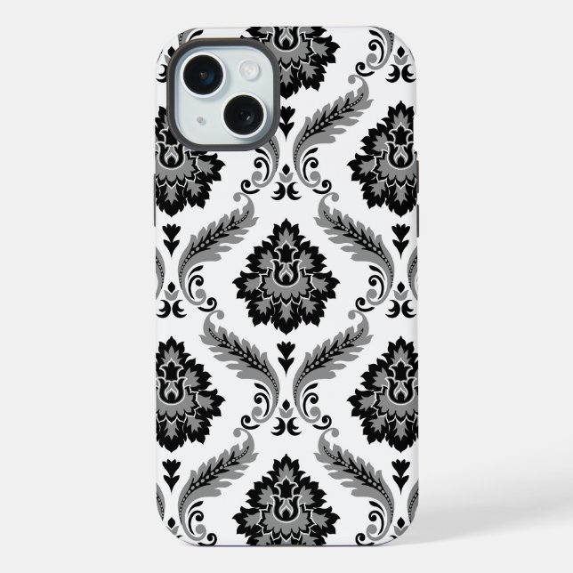 Rococo-Damask-Muster Grau Schwarz Weiß iPhone 15 Plus Hülle (Rückseite)